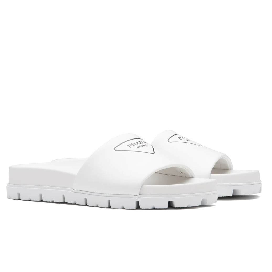 PRADA WHITE LEATHER SLIDES WITH PRINTED TRIANGLE LOGO – PSD089