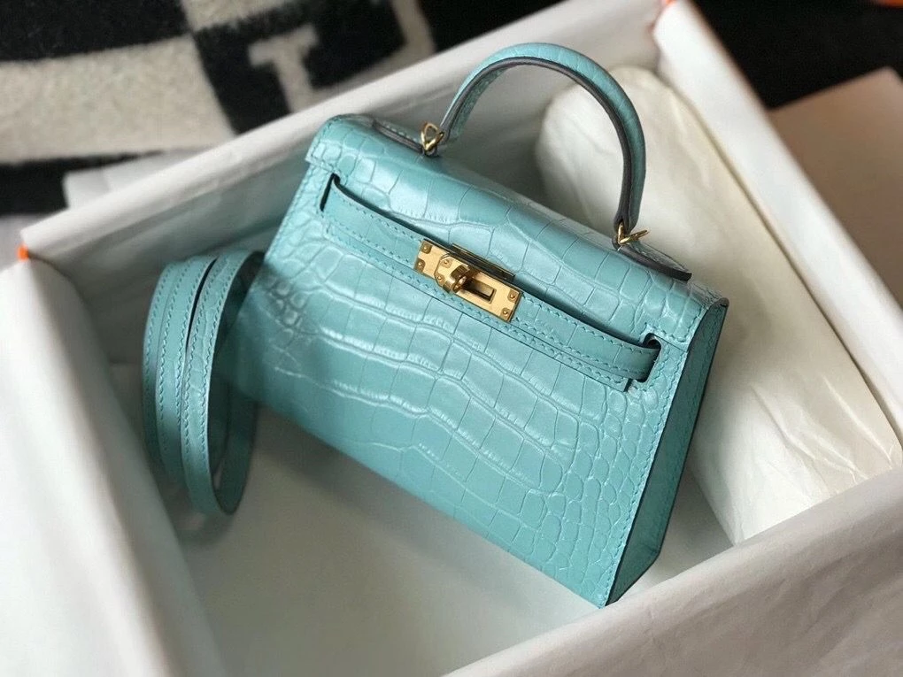 Hermes Kelly Mini II Bag In Blue Atoll Embossed Crocodile Leather – HW131