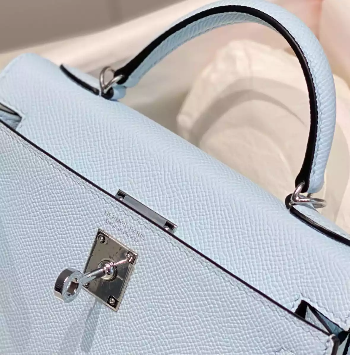 Hermes Kelly Mini II Bag In Blue Brume Epsom Leather PHW – HW126