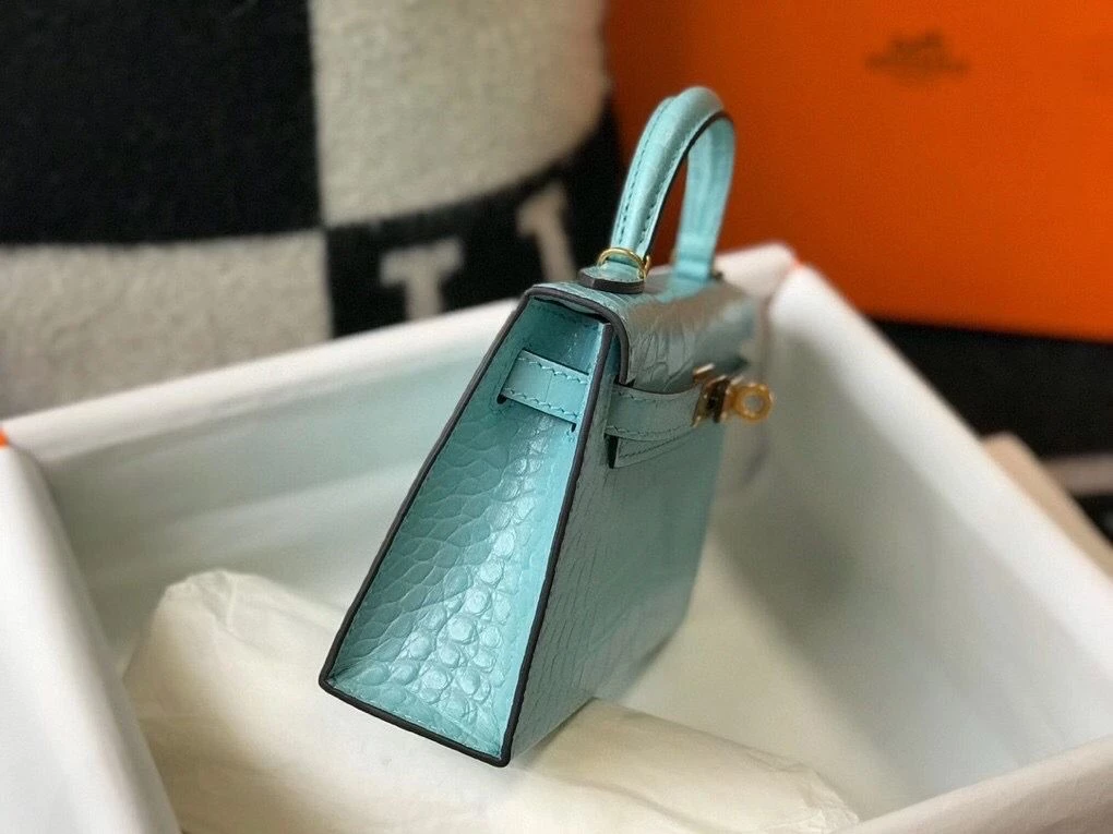 Hermes Kelly Mini II Bag In Blue Atoll Embossed Crocodile Leather – HW131