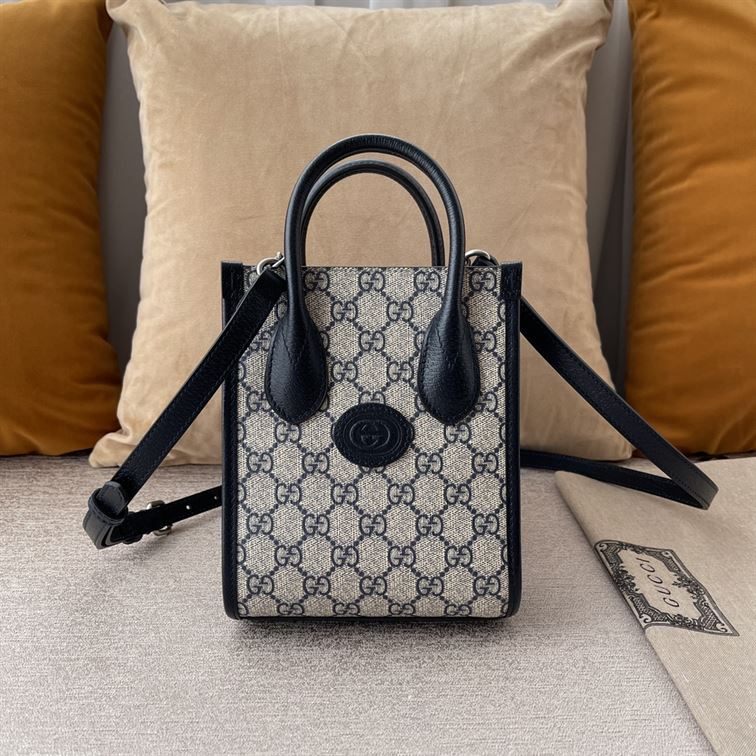 GUCCI MINI NOTE BAG WITH INTERLOCKING G BEIGE AND BLUE GG SUPREME CANVAS – GB36