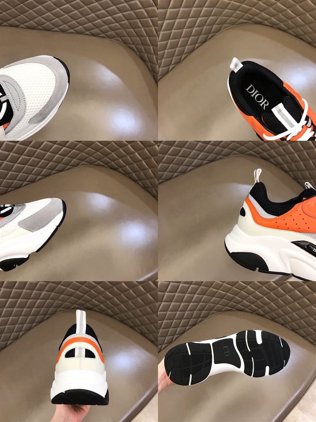DIOR B22 SNEAKERS BLACK AND WHITE TECHNICAL MESH WITH ORANGE AND WHITE SMOOTH CALFSKIN – DO003
