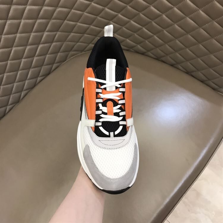 DIOR B22 SNEAKERS BLACK AND WHITE TECHNICAL MESH WITH ORANGE AND WHITE SMOOTH CALFSKIN – DO003