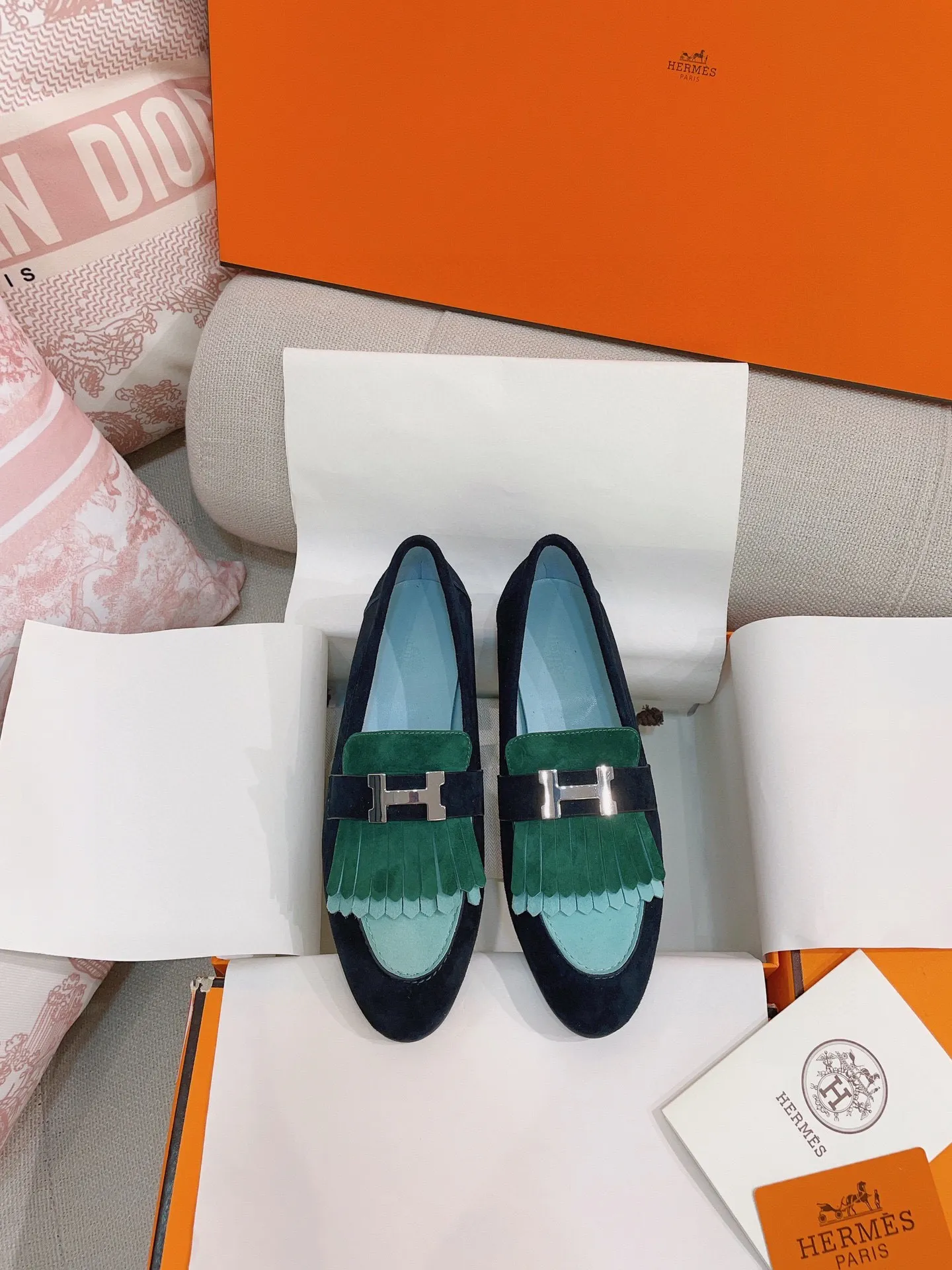 Hermes Women’s Royal Loafers in Multicolor Suede Leather – HM079