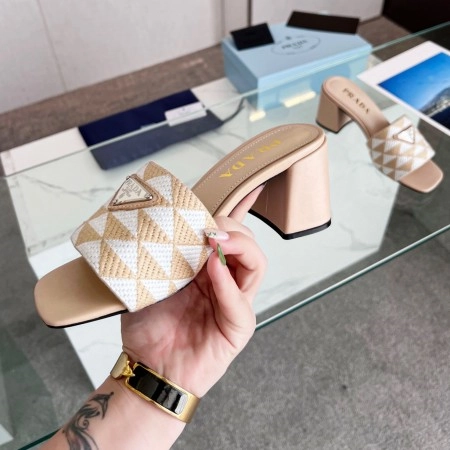 PRADA HEELED SLIDE SANDALS 65MM IN BEIGE AND WHITE FABRIC – PSD034
