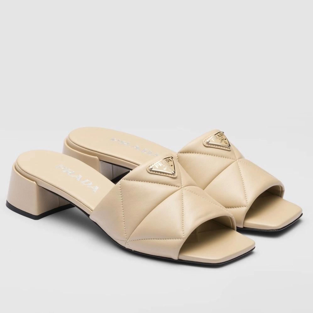 PRADA WOMEN’S SLIDES SANDALS 35MM IN BEIGE NAPPA LEATHER – PSD032