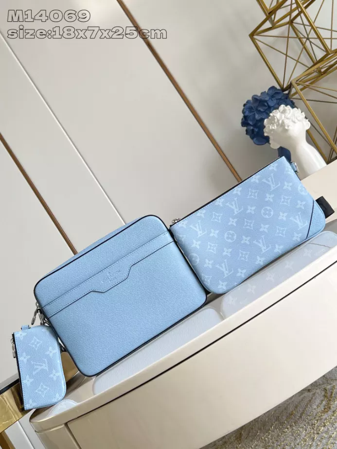 TRIO MESSENGER BAG SKY BLUE MONOGRAM CANVAS TAIGA COWHIDE LEATHER M14069 – LW266