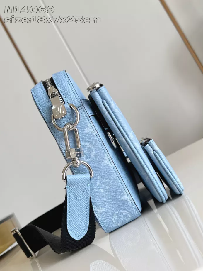 TRIO MESSENGER BAG SKY BLUE MONOGRAM CANVAS TAIGA COWHIDE LEATHER M14069 – LW266