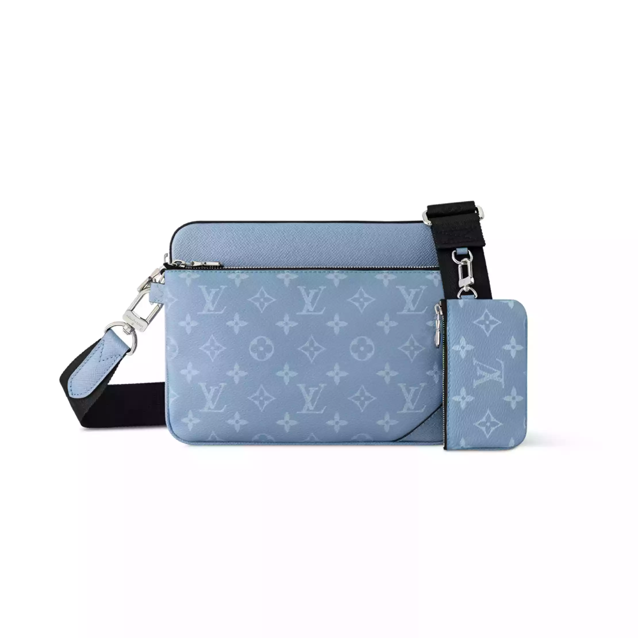 TRIO MESSENGER BAG SKY BLUE MONOGRAM CANVAS TAIGA COWHIDE LEATHER – LW320