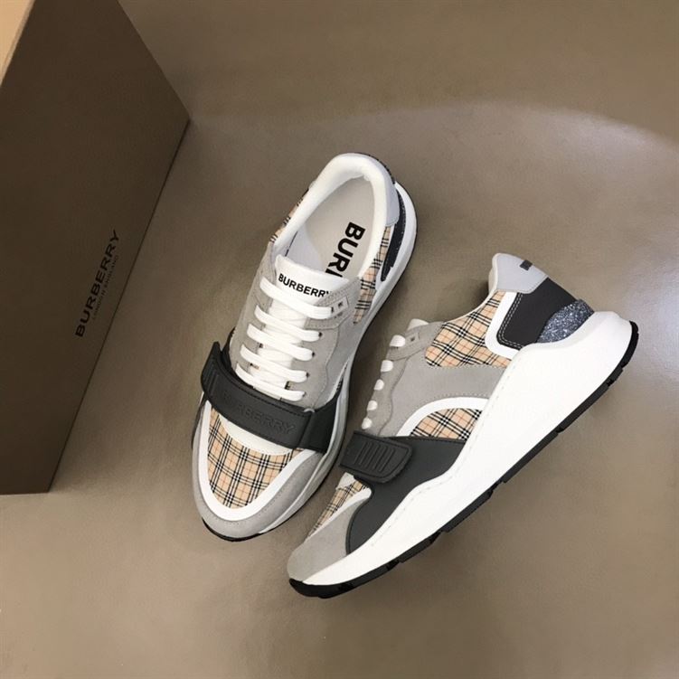 BURBERRY CHECK, SUEDE AND LEATHER SNEAKERS – BBR010