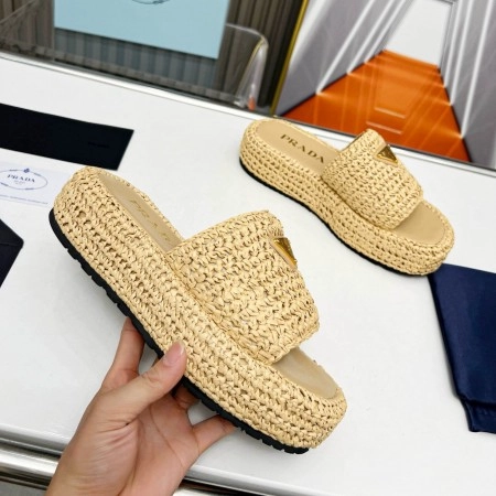 PRADA CROCHET FLATFORM SLIDES IN BEIGE RAFFIA-EFFECT YARN – PSD070