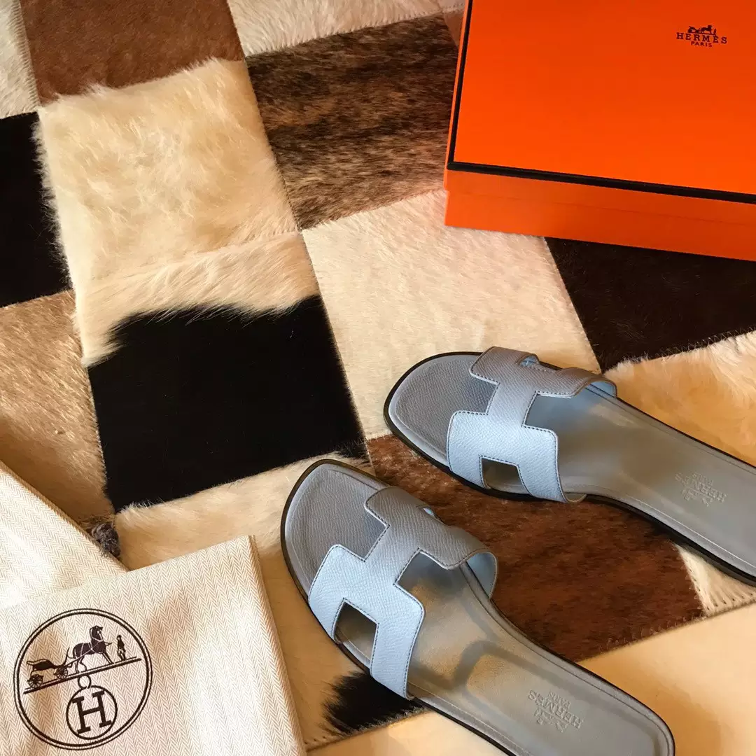 HERMES ORAN SLIDE SANDALS IN BLUE LIN EPSOM CALFSKIN – HMSD074