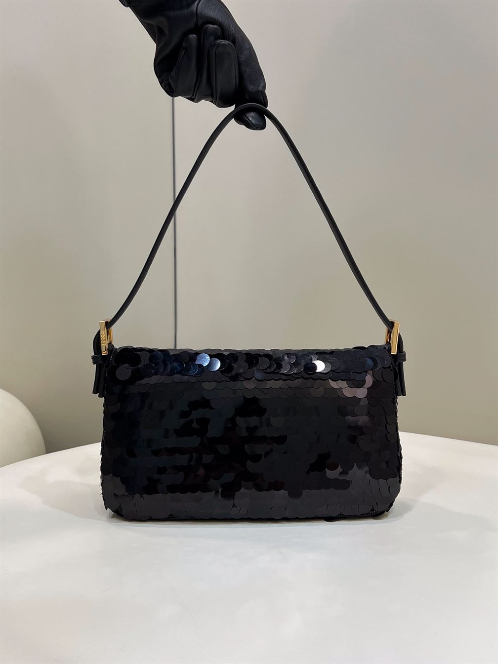 FENDI BAGUETTE BLACK SEQUIN AND LEATHER BAG – F003