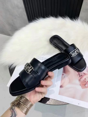 HERMES VILLA SLIDE SANDALS IN BLACK LEATHER – HMSD135