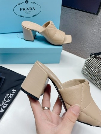 PRADA HEELED SLIDE SANDALS 65MM IN BEIGE NAPPA LEATHER – PSD037