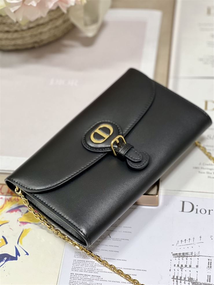 DIOR BOBBY EAST-WEST POUCH WITH CHAIN BLACK SMOOTH CALFSKIN – DOB098