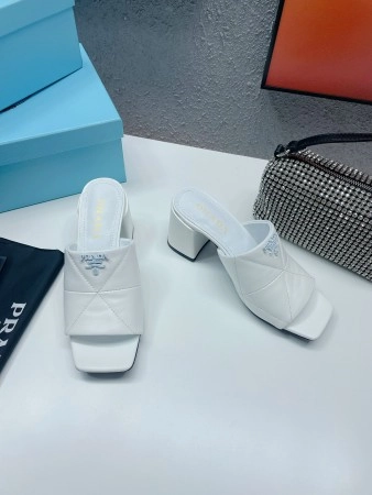 PRADA HEELED SLIDE SANDALS 65MM IN WHITE NAPPA LEATHER – PSD036