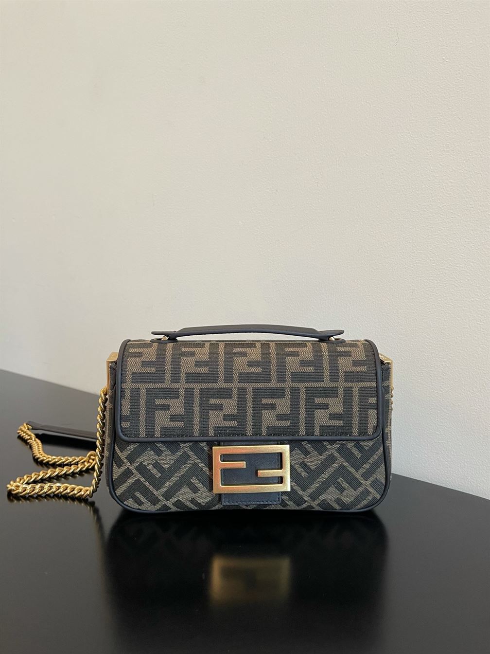 FENDI BAGUETTE CHAIN MIDI JACQUARD FF FABRIC BAG – F002