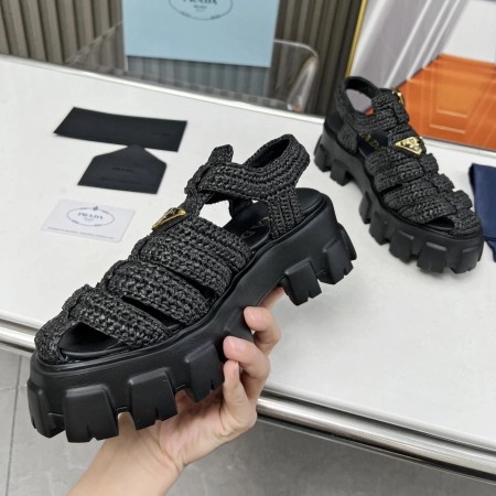 PRADA MONOLITH CROCHET CAGE SANDALS IN BLACK RAFFIA FABRIC – PSD009