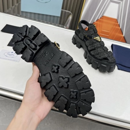 PRADA MONOLITH CROCHET CAGE SANDALS IN BLACK RAFFIA FABRIC – PSD009