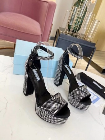 PRADA PLATFORM SANDALS 135MM IN BLACK SATIN WITH CRYSTALS – PSD010