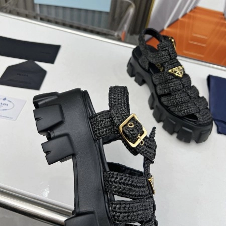 PRADA MONOLITH CROCHET CAGE SANDALS IN BLACK RAFFIA FABRIC – PSD009