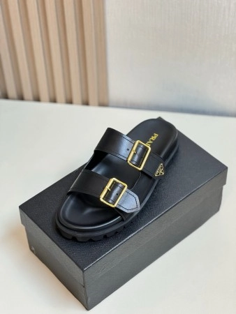 PRADA WOMEN’S STRAP SLIDES SANDALS IN BLACK LEATHER – PSD067
