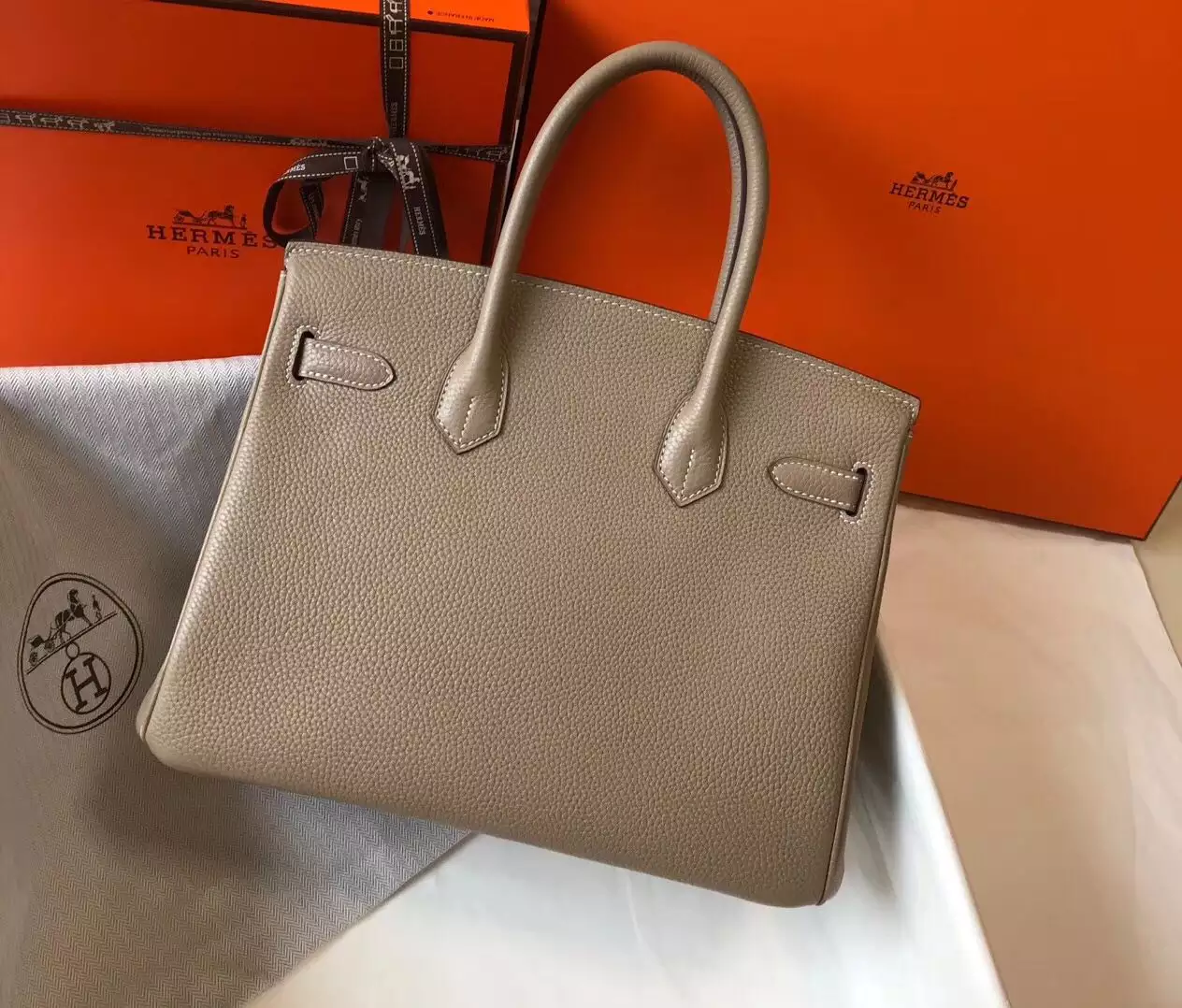 Hermes Birkin 30cm Bag In Tourterelle Clemence Leather GHW – HW025