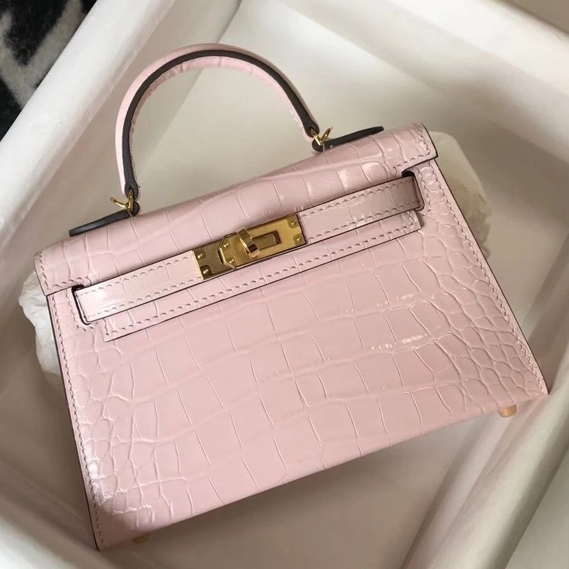 Hermes Kelly Mini II Bag In Rose Dragee Embossed Crocodile Leather – HW132