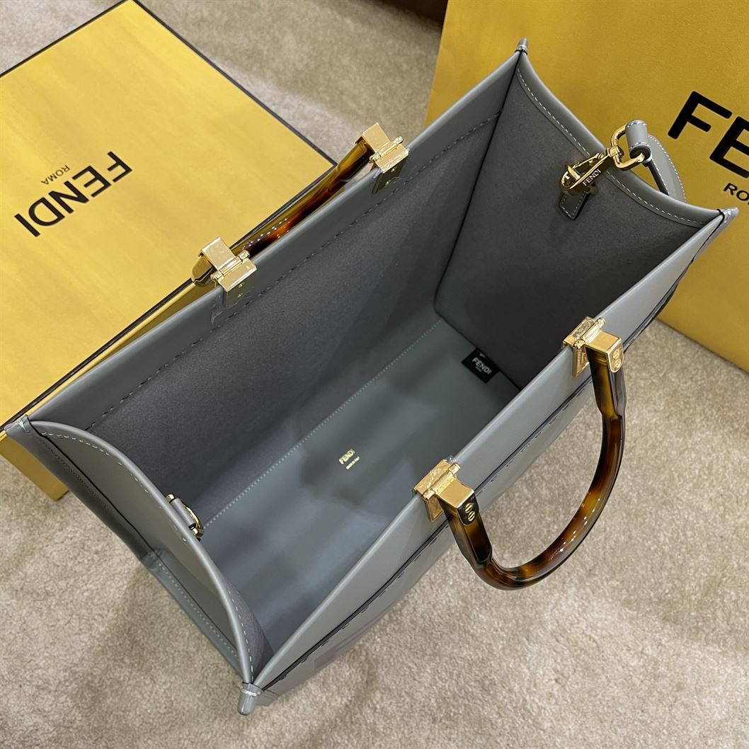 FENDI SUNSHINE MEDIUM GREY LEATHER SHOPPER BAG – F016
