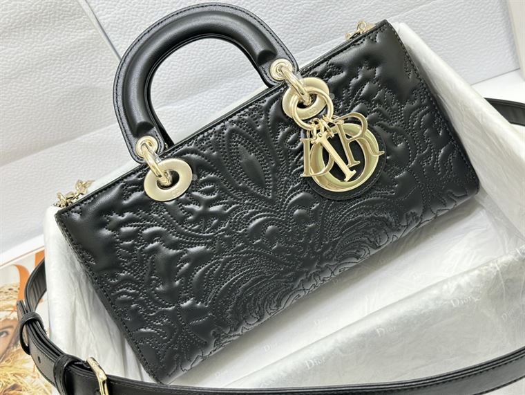 DIOR MEDIUM LADY D-JOY BAG BLACK QUILTED EFFECT LAMBSKIN WITH ORNAMENTAL MOTIF – DOB059