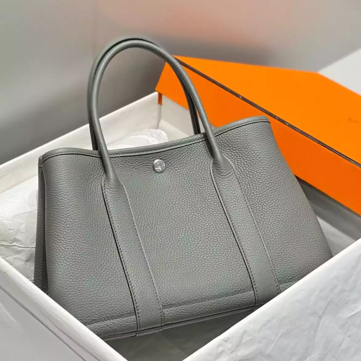 Hermes Garden Party 30 Bag In Gris Meyer Taurillon Leather – HW072