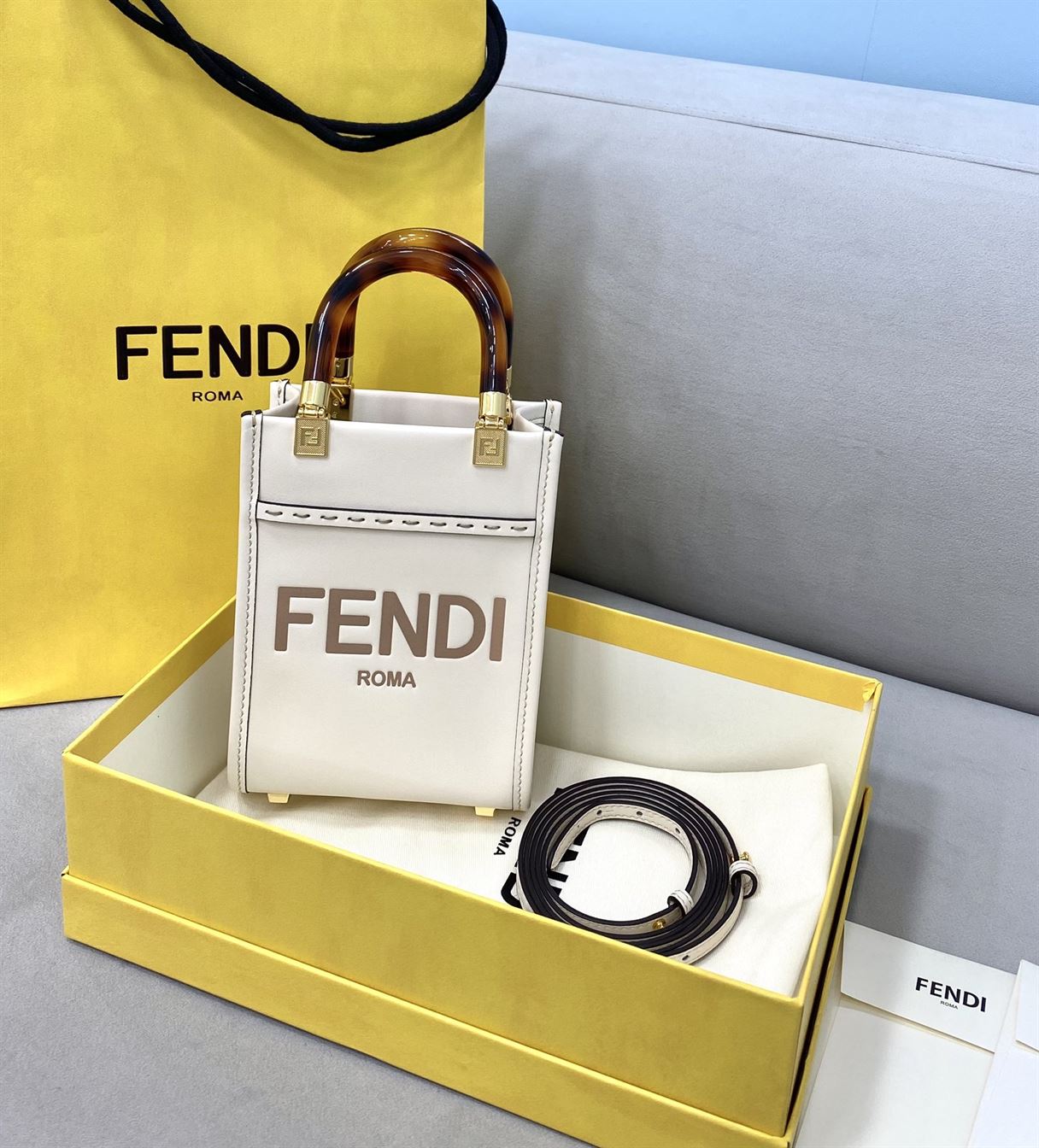 FENDI MINI SUNSHINE SHOPPER WHITE LEATHER MINI BAG – F012