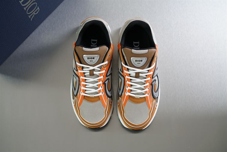 DIOR B30 SNEAKER CREAM MESH WITH ORANGE AND BROWN TECHNICAL FABRIC – DO072