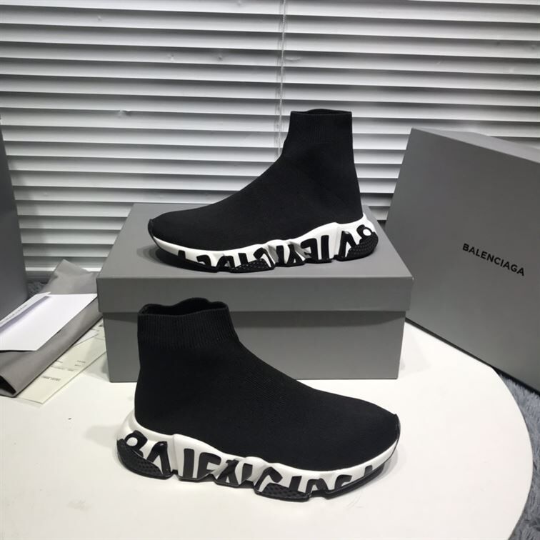 BALENCIAGA SPEED RECYCLED KNIT GRAFFITI SNEAKER IN BLACK/WHITE – BLA051
