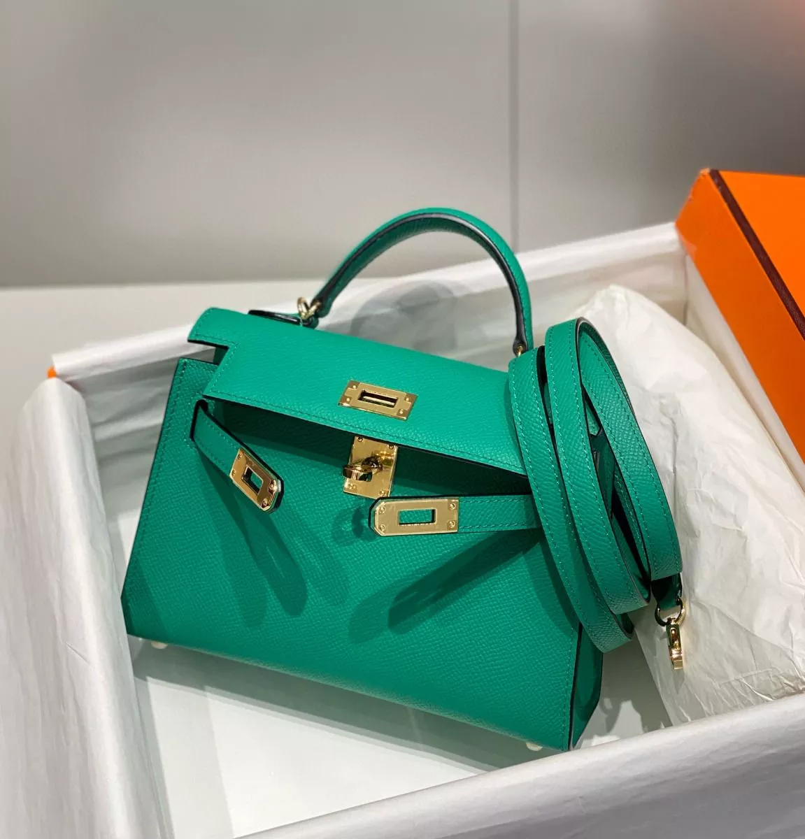 Hermes Kelly Mini II Bag In Vert Jade Epsom Leather GHW – HW115