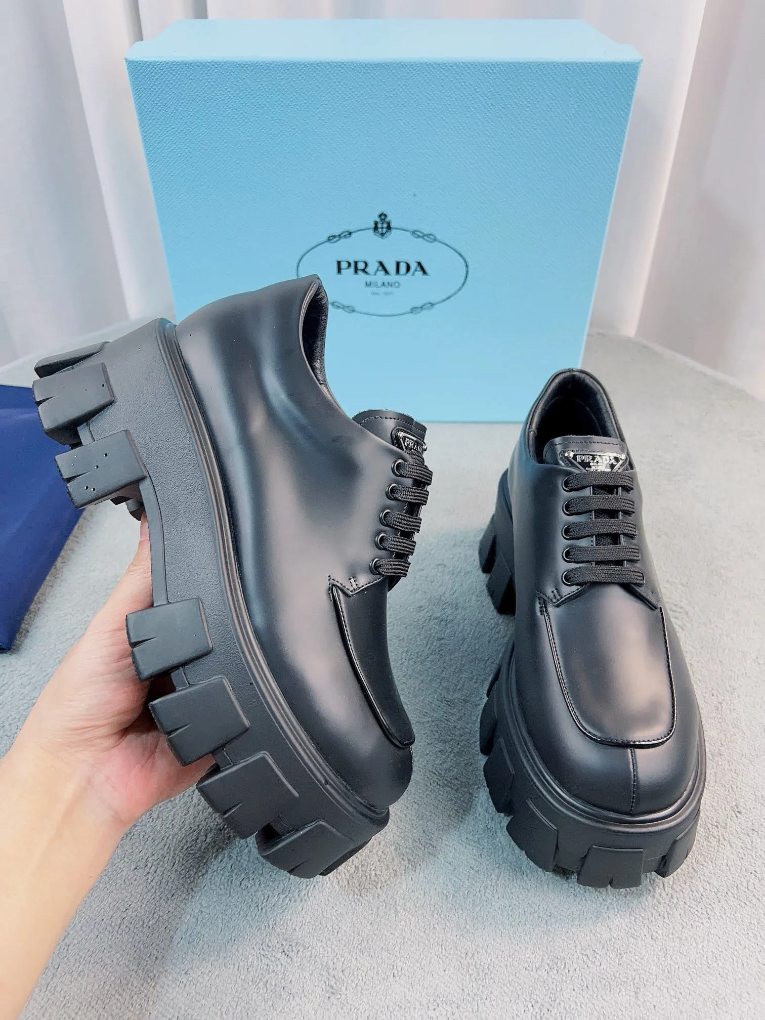 Prada Monolith Lace-up Shoes in Black Brushed Leather – PRL007