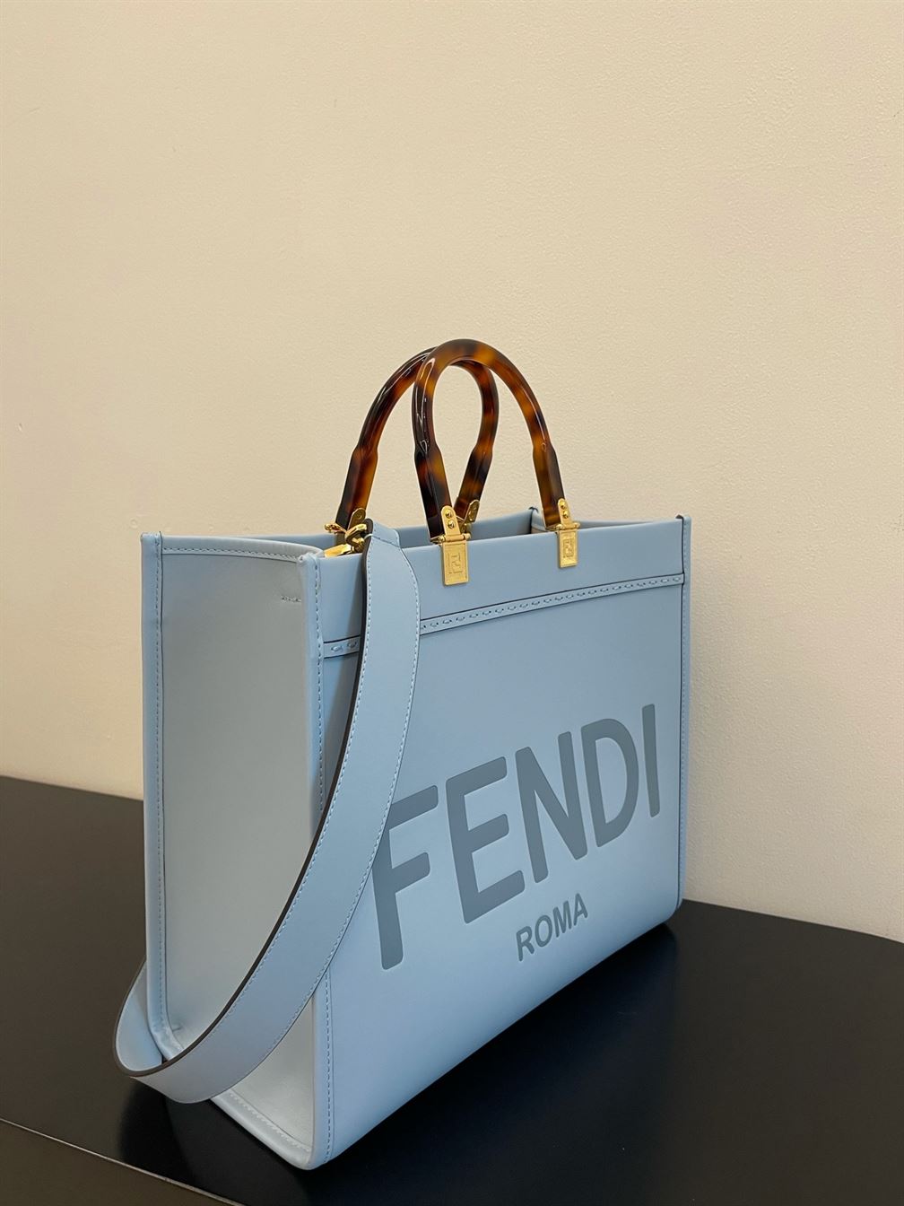 FENDI SUNSHINE MEDIUM LIGHT BLUE LEATHER SHOPPER – F021