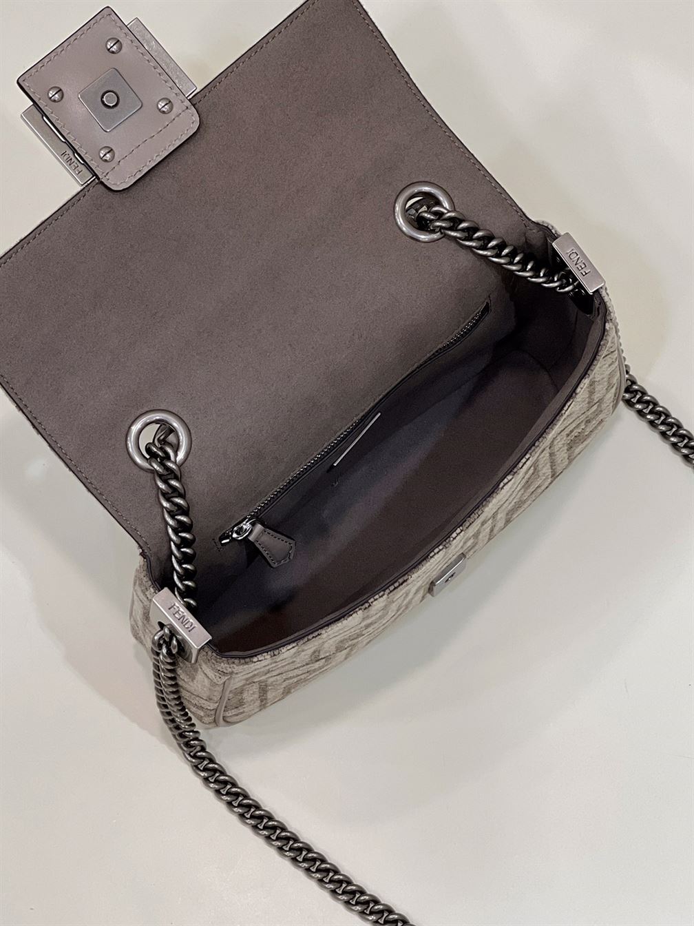 FENDI BAGUETTE CHAIN MIDI DARK GREY FF TAPESTRY FABRIC BAG – F026