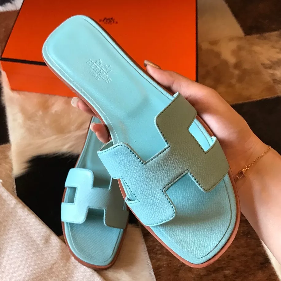 HERMES ORAN SLIDE SANDALS IN BLUE ATOLL EPSOM CALFSKIN – HMSD064