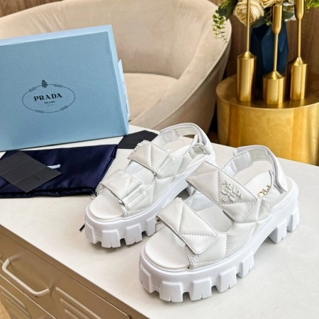 PRADA MONOLITH FLATFORM SANDALS IN WHITE NAPPA LEATHER – PSD020