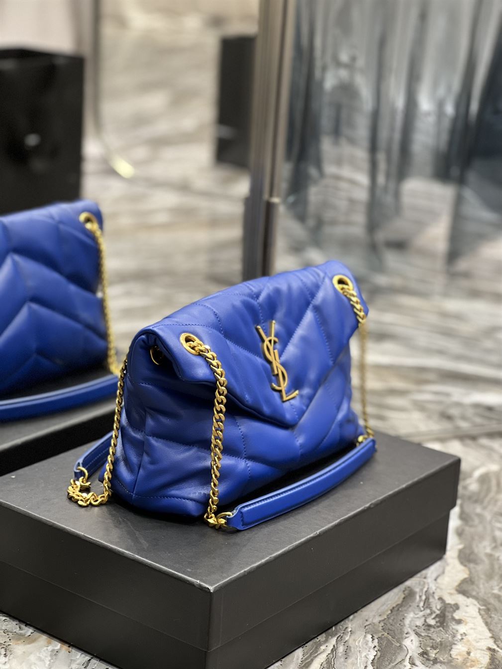 YSL SMALL PUFFER IN QUILTED NAPPA BLUE LEATHER – YB053