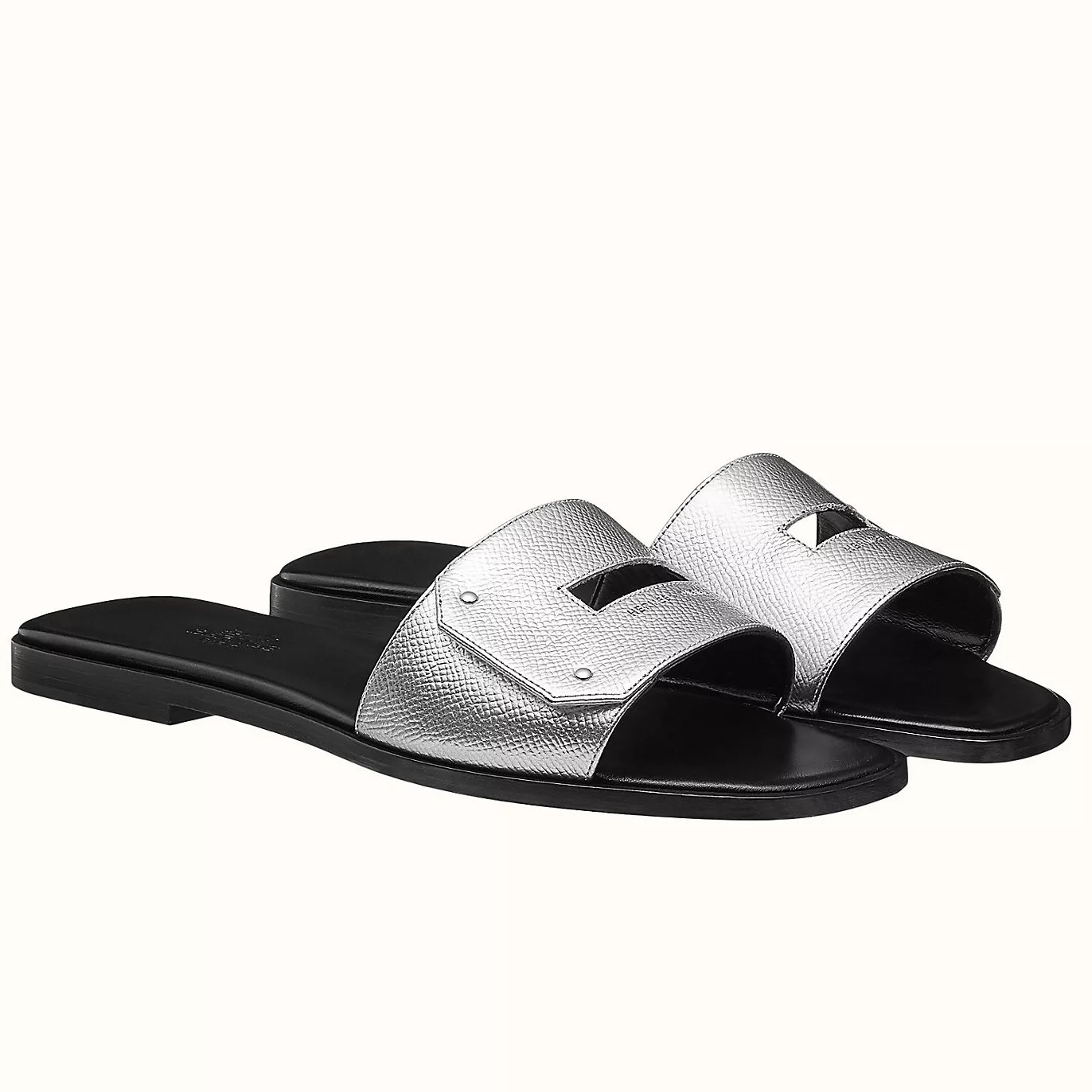 HERMES VIEW SLIDE SANDALS IN SILVER EPSOM CALFSKIN – HMSD132