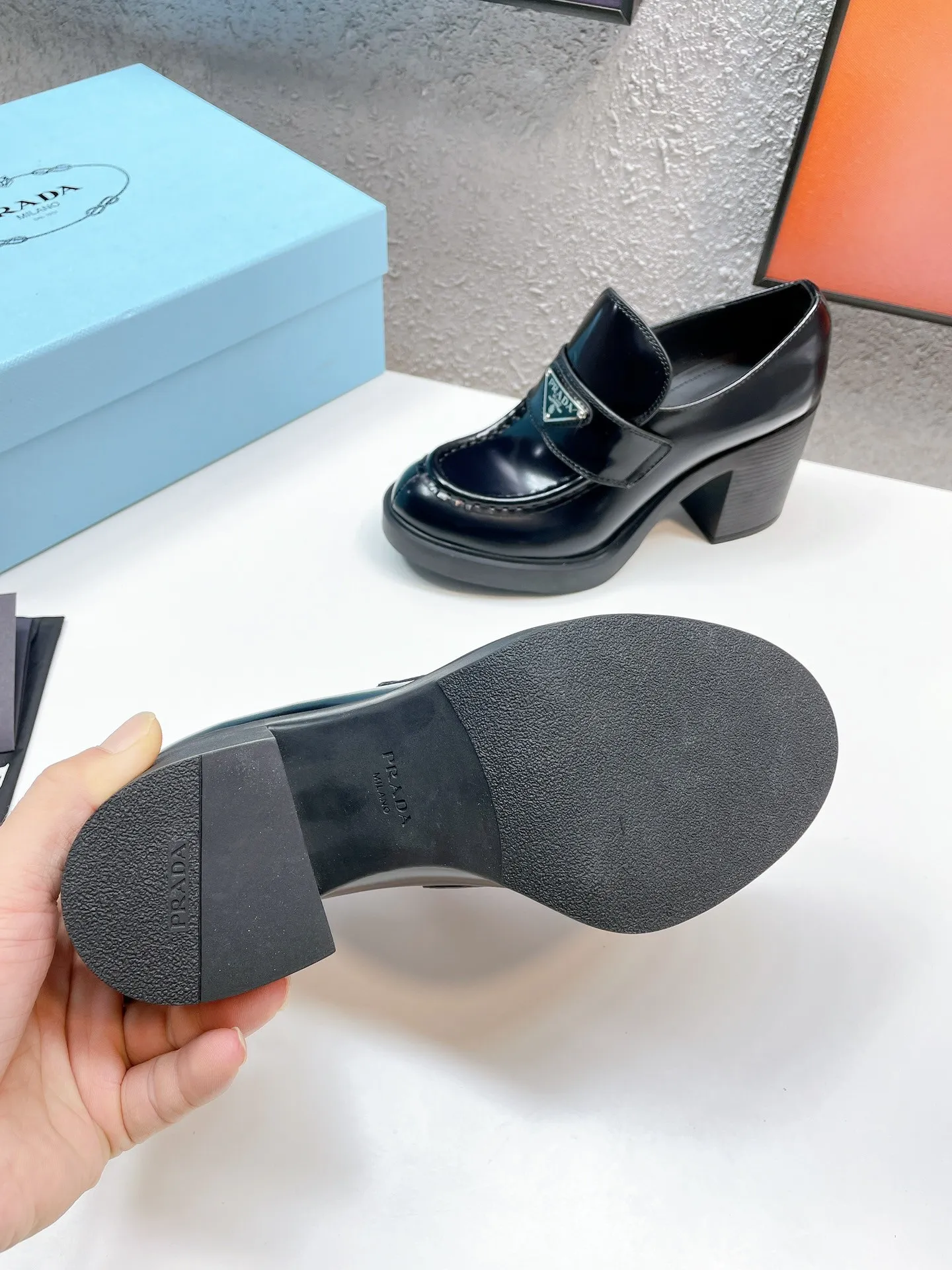 Prada Chocolate High-heeled Loafers In Black Brushed Leather – PRL001