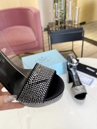 PRADA PLATFORM SANDALS 135MM IN BLACK SATIN WITH CRYSTALS – PSD010