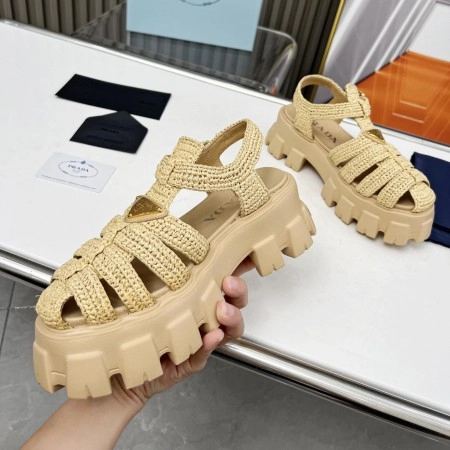 PRADA MONOLITH CROCHET CAGE SANDALS IN BEIGE RAFFIA FABRIC – PSD008