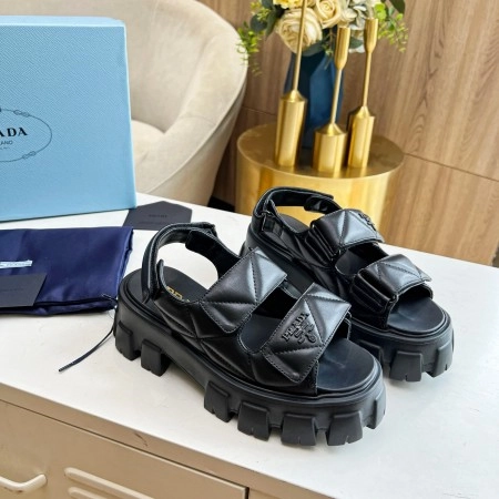 PRADA MONOLITH FLATFORM SANDALS IN BLACK NAPPA LEATHER – PSD019
