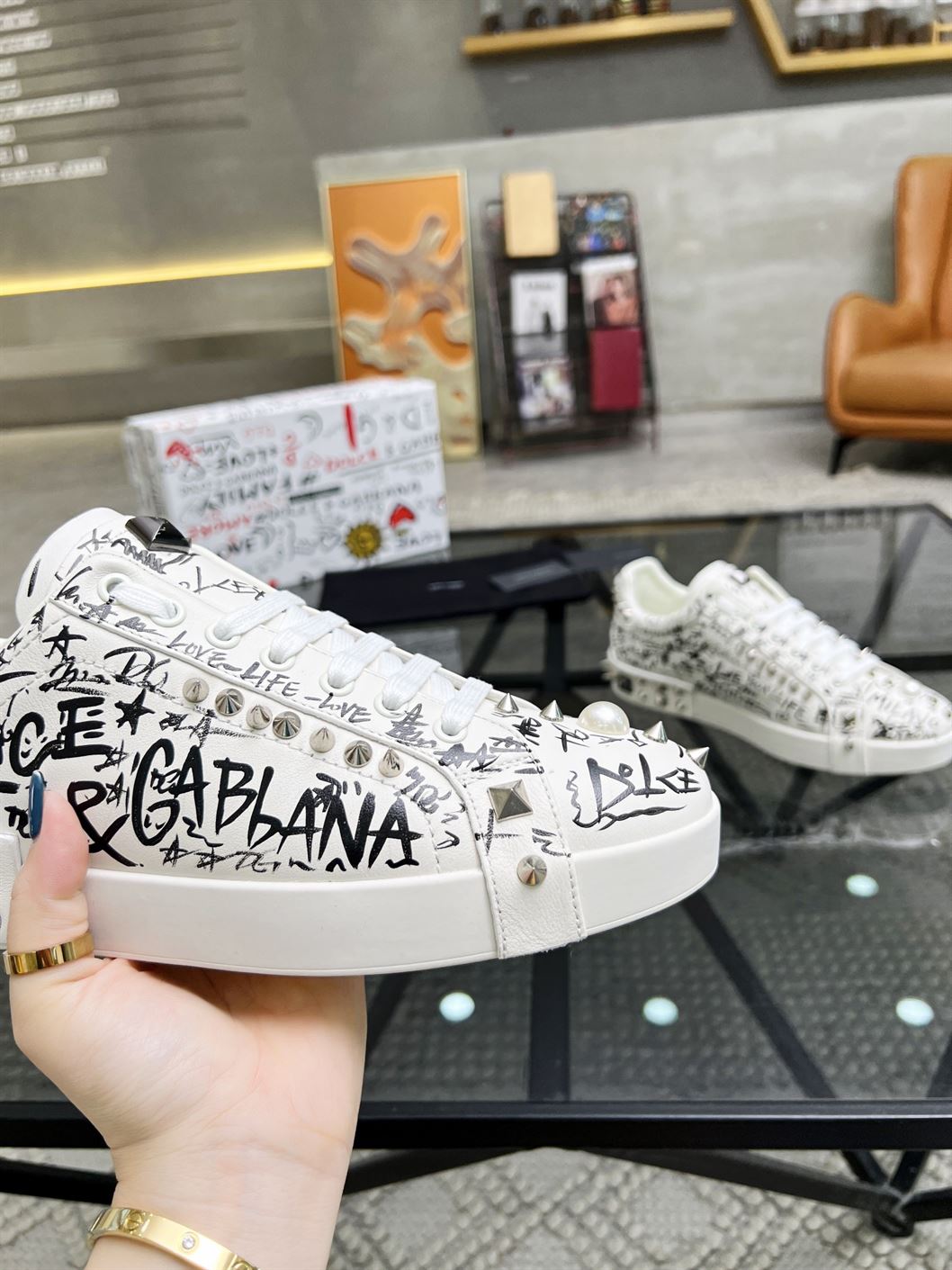 DOLCE & GABBANA CALFSKIN NAPPA PORTOFINO SNEAKERS WITH STUDS – DG019