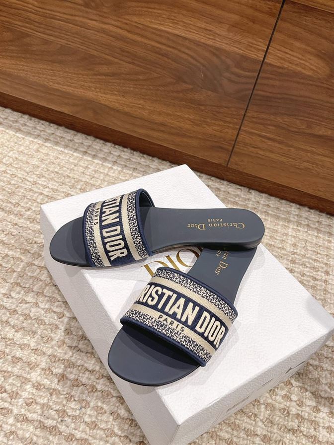 DIOR DWAY SLIDE DEEP BLUE EMBROIDERED COTTON – DS020