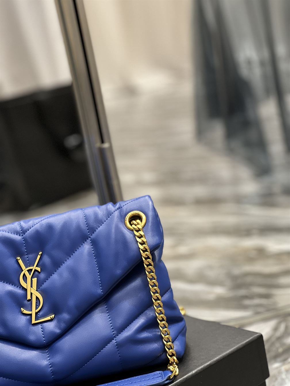 YSL SMALL PUFFER IN QUILTED NAPPA BLUE LEATHER – YB053